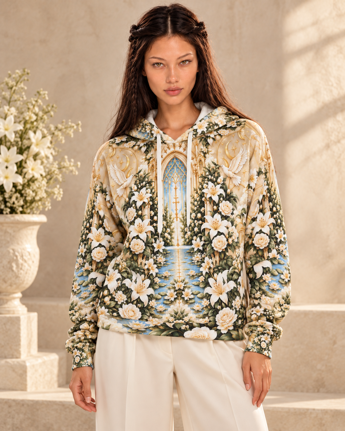 Immaculate Garden Champagne Pullover Hoodie modeled for Holi.spirits