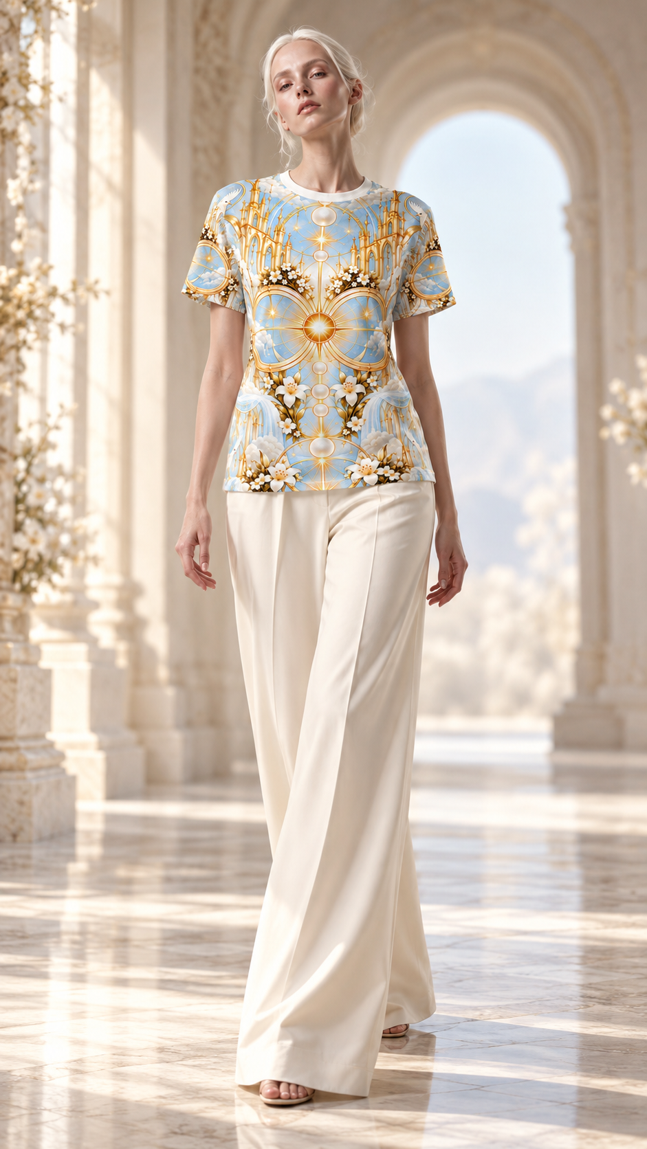 Cathedral of Light Alabaster Dawn All-over-print T-Shirt modeled for Holi.spirits