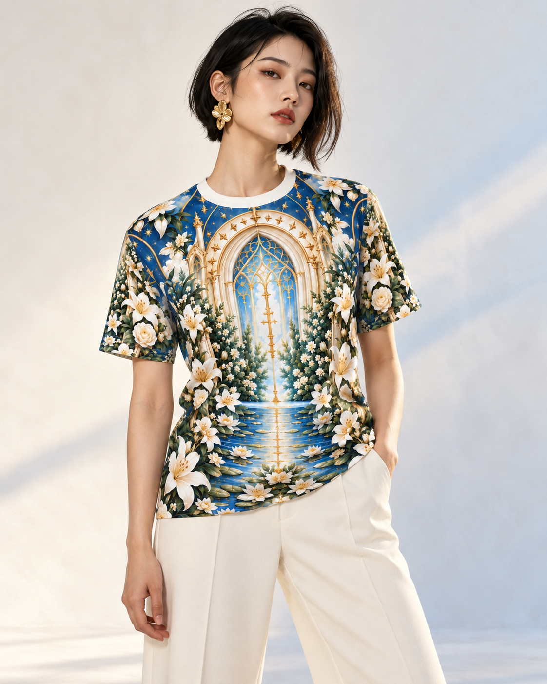 Immaculate Garden Marian Blue All-over-print T-Shirt modeled for Holi.spirits