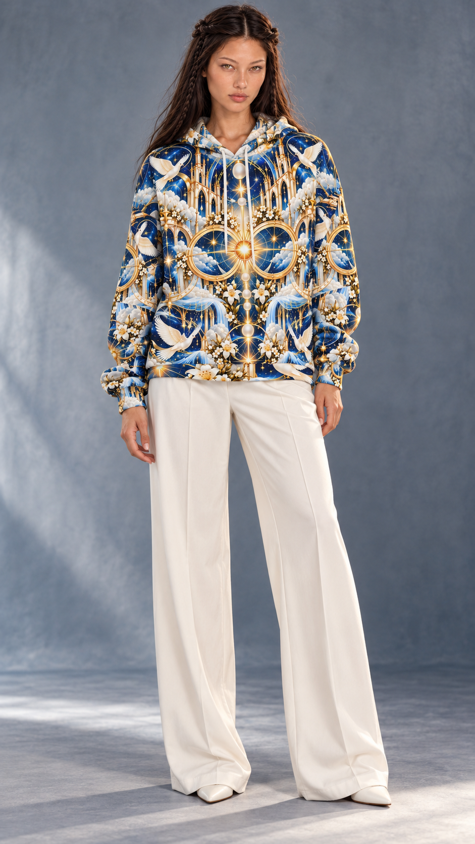 Cathedral of Light Celestial Blue Pullover Hoodie modeled for Holi.spirits
