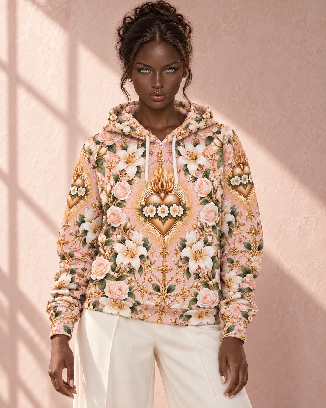 Immaculate Heart Blush Rose Pullover Hoodie modeled for Holi.spirits