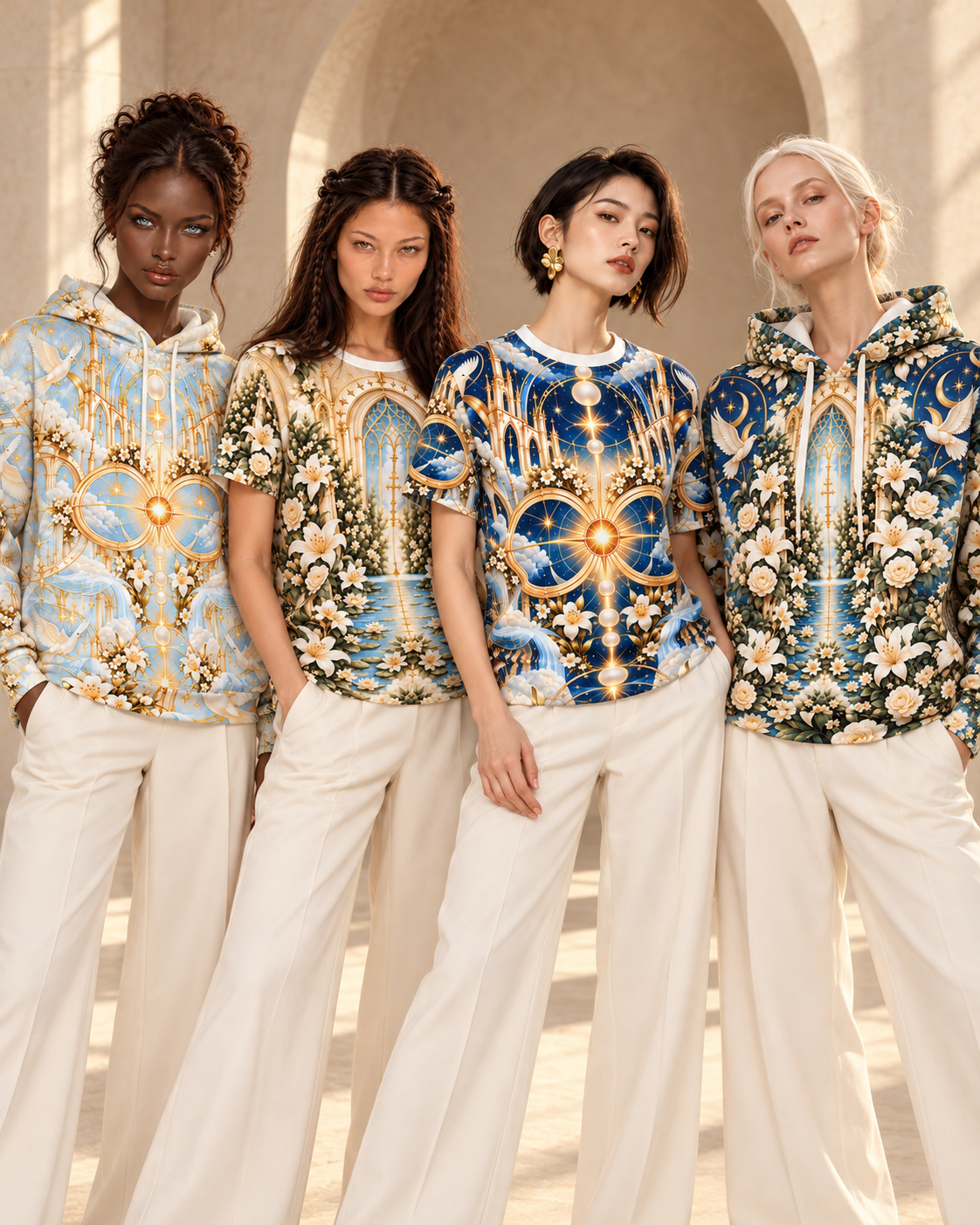 Cathedral of Light Celestial Blue All-over-print T-Shirt in a Holi.spirits four-model campaign, group portrait