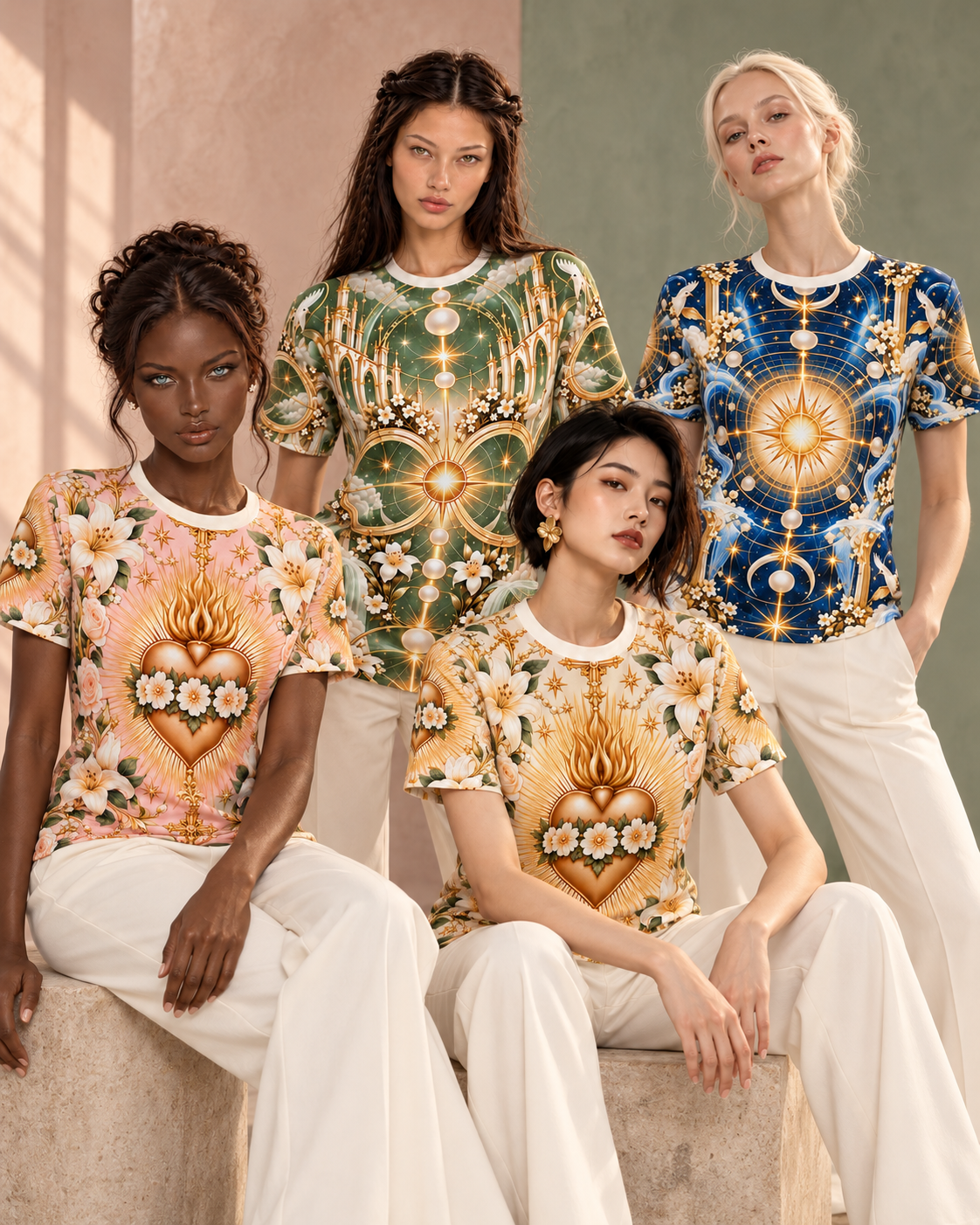 Cosmic Glory Celestial Blue All-over-print T-Shirt in a Holi.spirits four-model campaign, group portrait