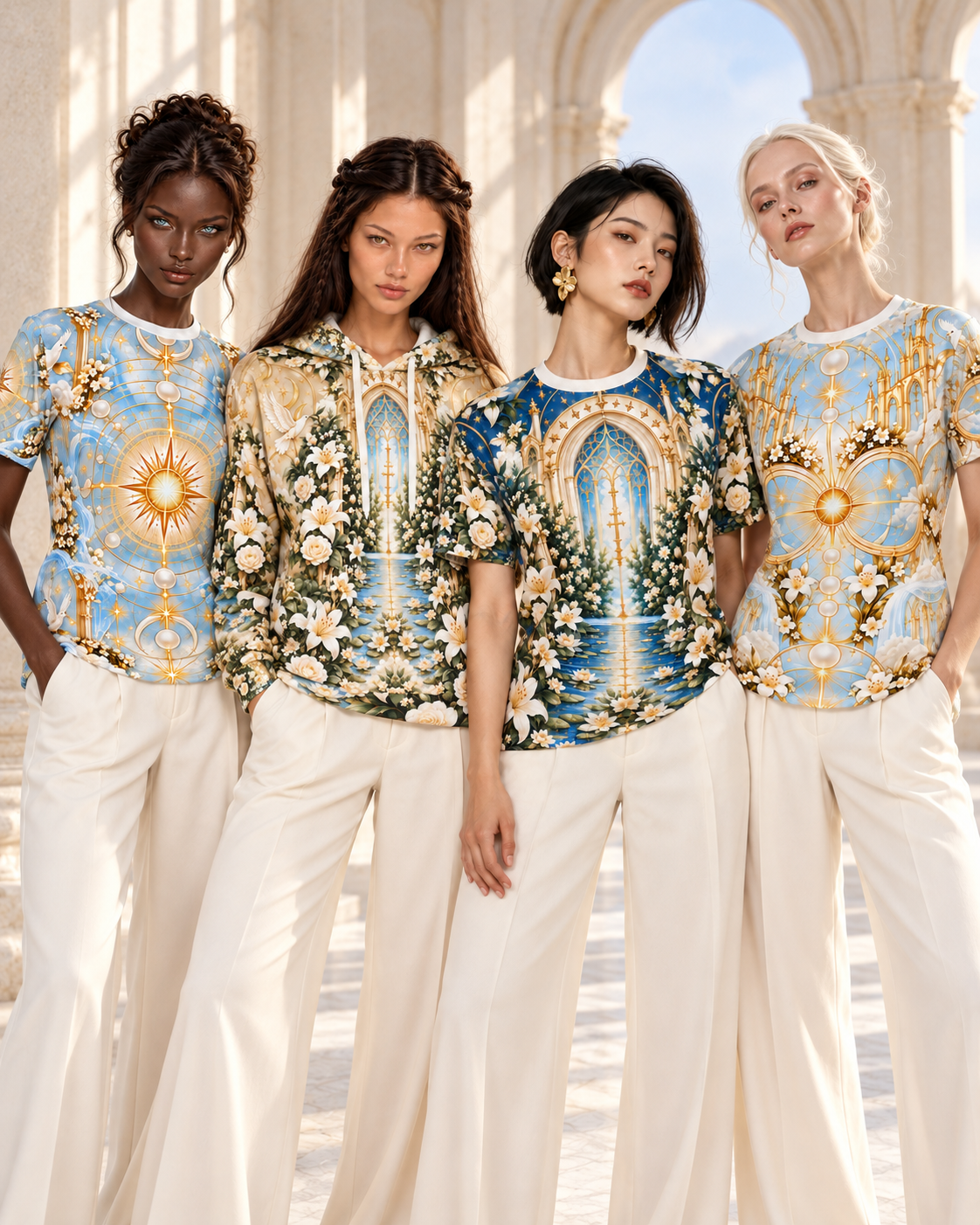 Immaculate Garden Marian Blue All-over-print T-Shirt in a Holi.spirits four-model campaign, group portrait