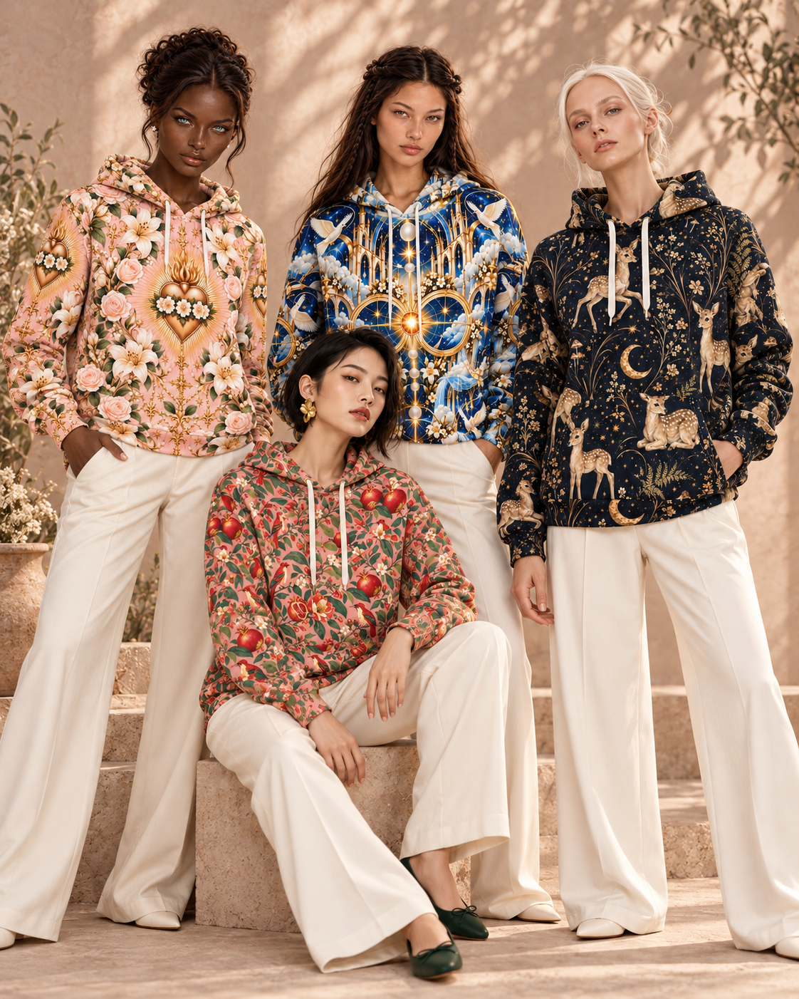 Immaculate Heart Blush Rose Pullover Hoodie in a Holi.spirits four-model campaign, group portrait