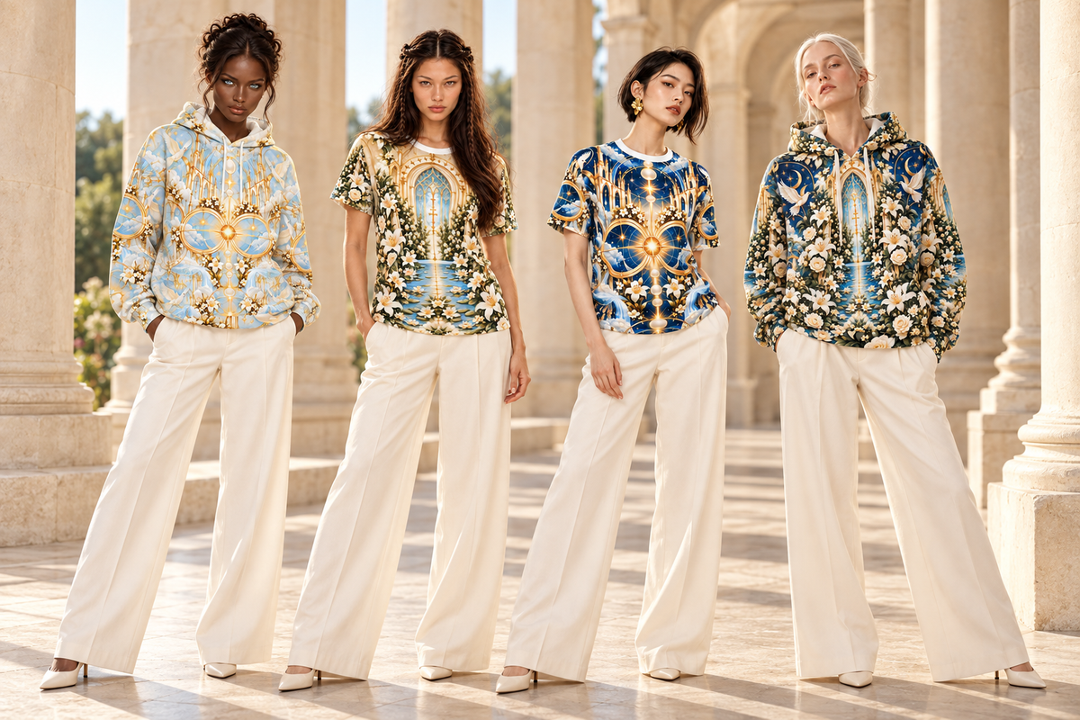 Cathedral of Light Alabaster Dawn Pullover Hoodie in a Holi.spirits four-model campaign, full-length group scene