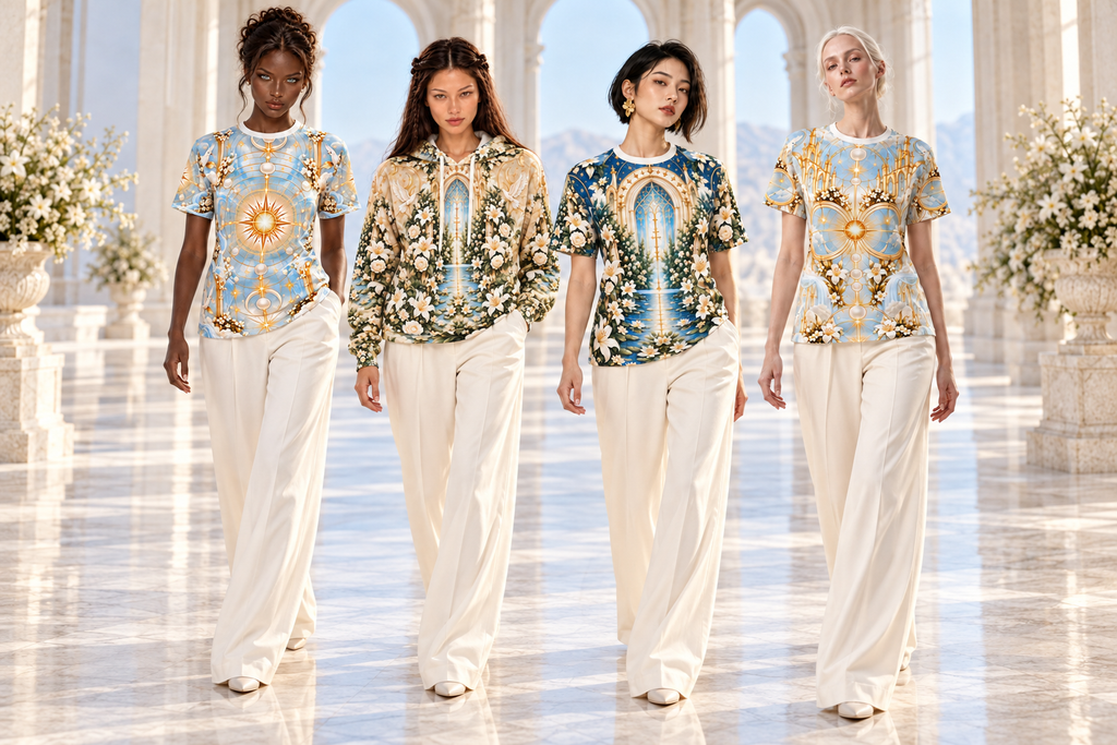 Cathedral of Light Alabaster Dawn All-over-print T-Shirt in a Holi.spirits four-model campaign, full-length group scene
