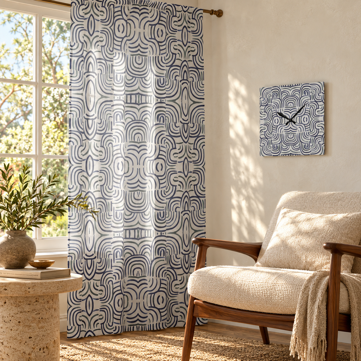 Abstract Geometric sheer curtain and square acrylic wall clock in a sunlit reading nook with a walnut lounge chair.