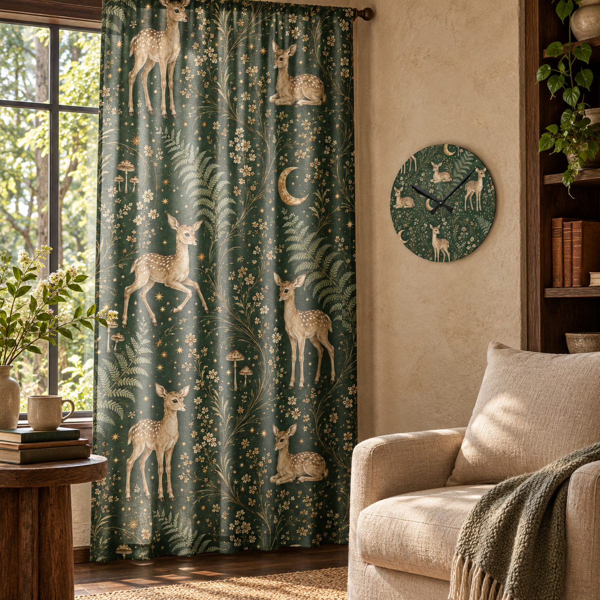 Astral Fawn Forest curtain and matching acrylic clock in a luxury interior.