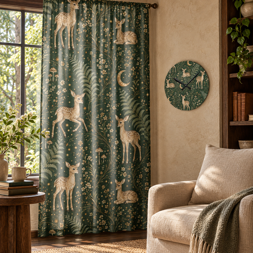 Astral Fawn Forest curtain and matching acrylic clock in a luxury interior.