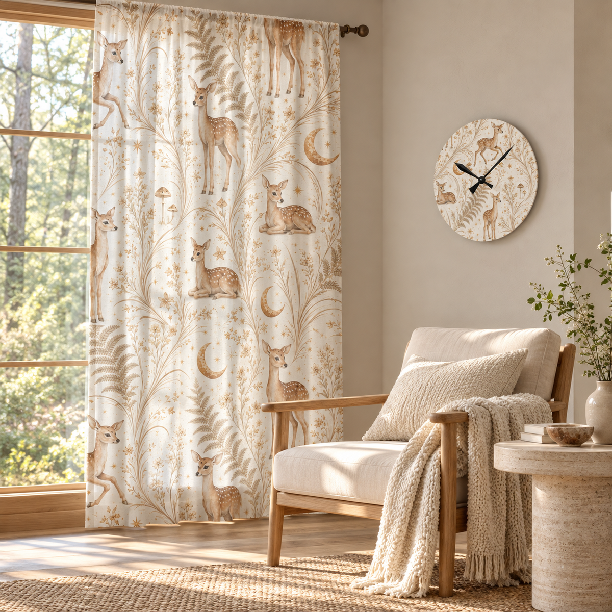 Astral Fawn Moon Milk curtain and matching acrylic clock in a luxury interior.