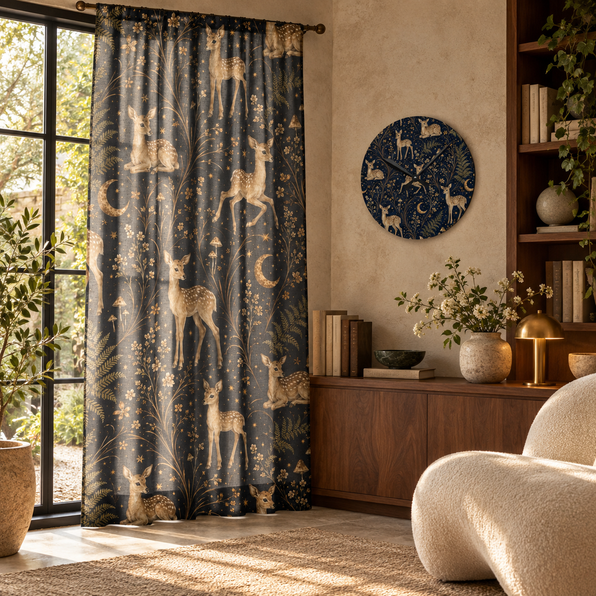 Astral Fawn Nocturne curtain and matching acrylic clock in a luxury interior.
