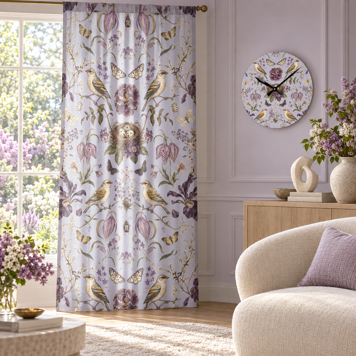 Botanical Bird's Nest Lilac curtain and matching acrylic clock in a luxury interior.