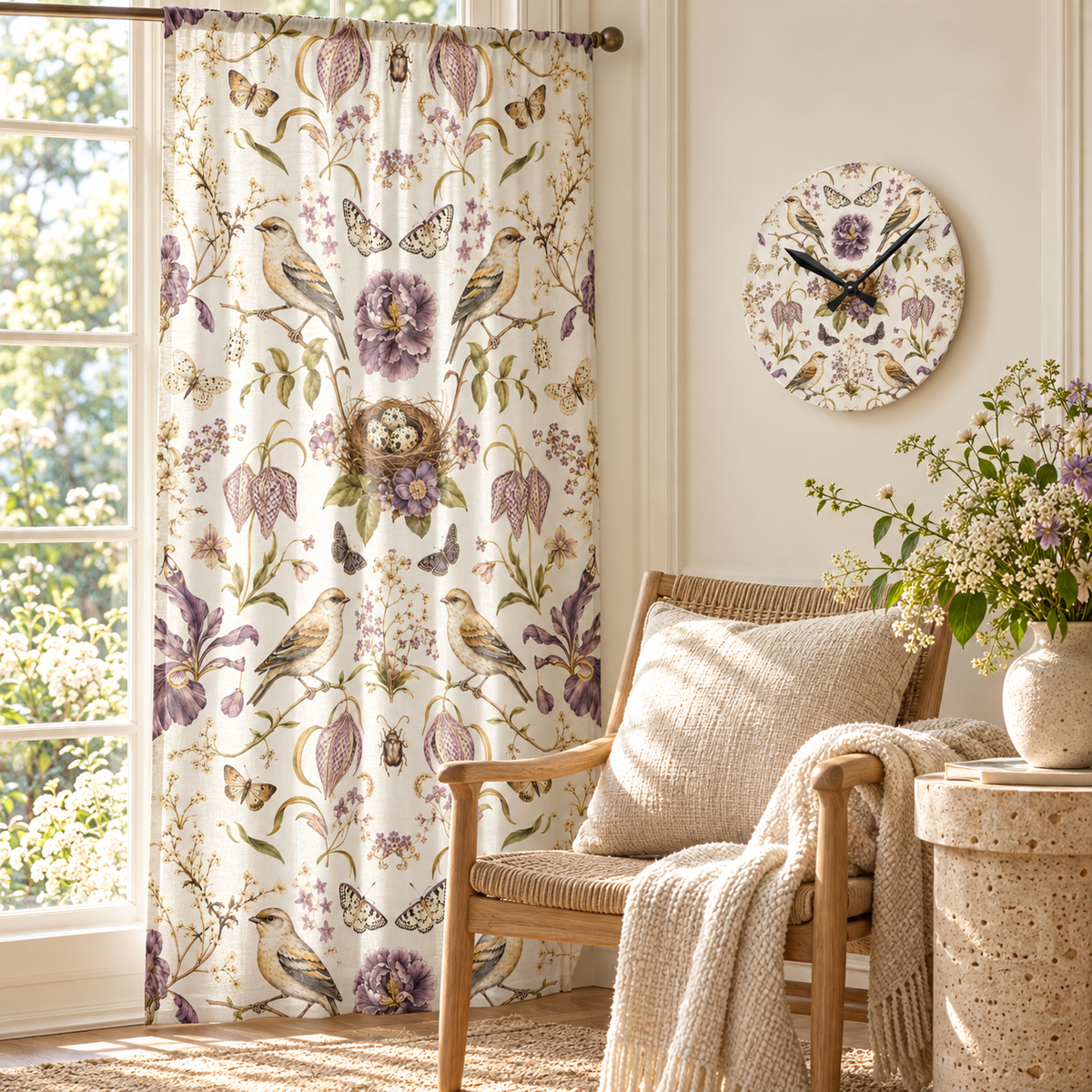 Botanical Bird's Nest Moon Milk sheer curtain and matching acrylic wall clock in a styled luxury room.