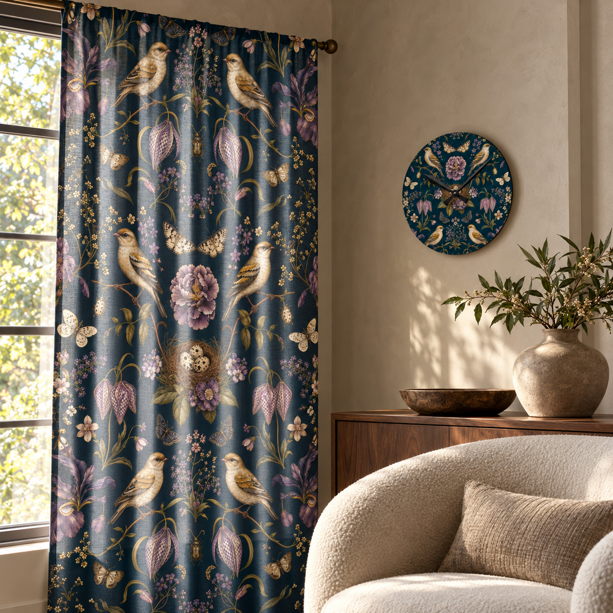 Botanical Bird's Nest Nocturne sheer curtain and matching acrylic wall clock in a styled luxury room.