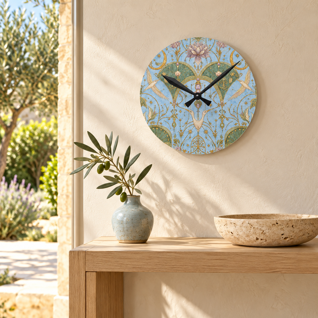 Celestial Aviary Blue Hour acrylic wall clock above a natural wood console in a luxury interior