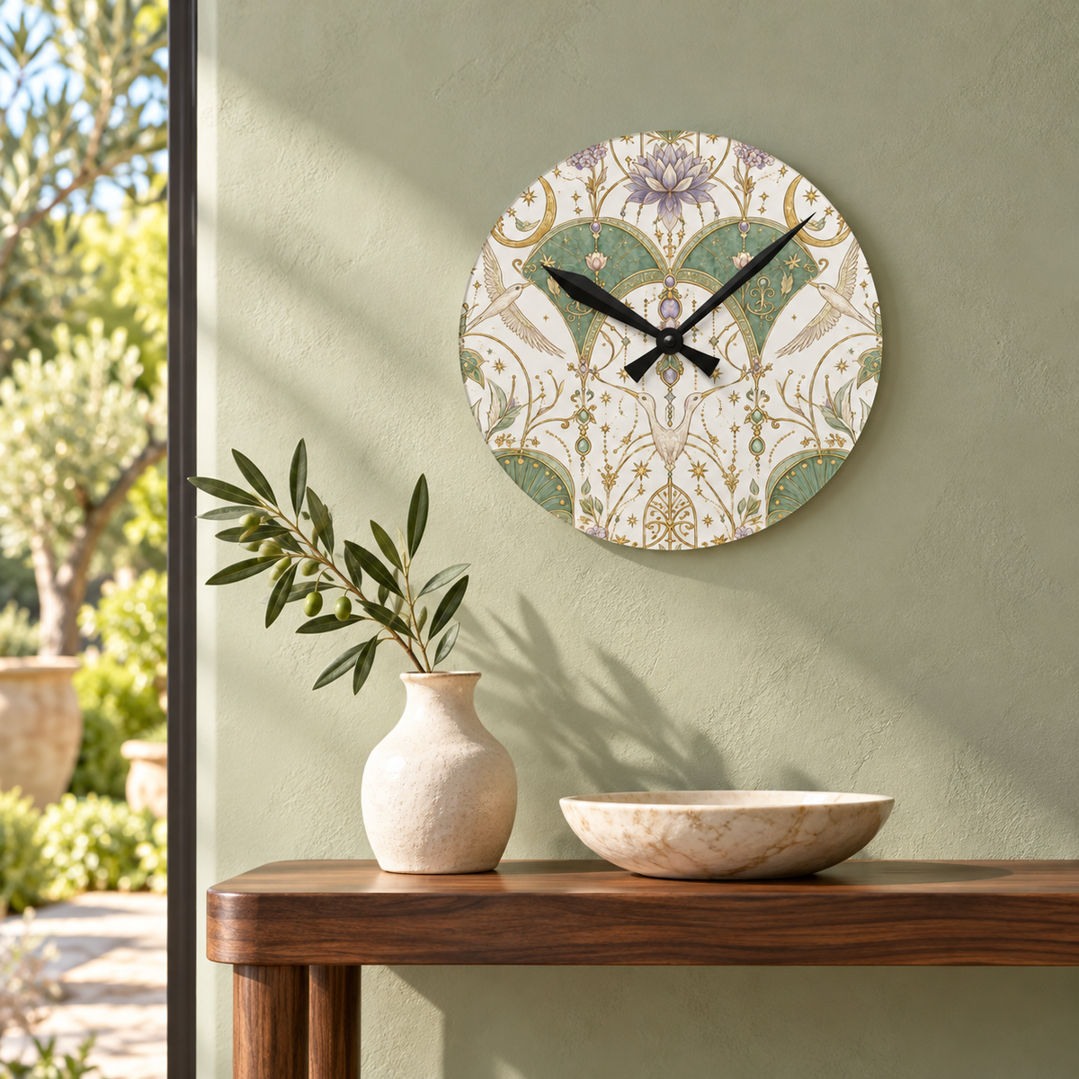 Celestial Aviary Moon Milk acrylic wall clock above a natural wood console in a luxury interior