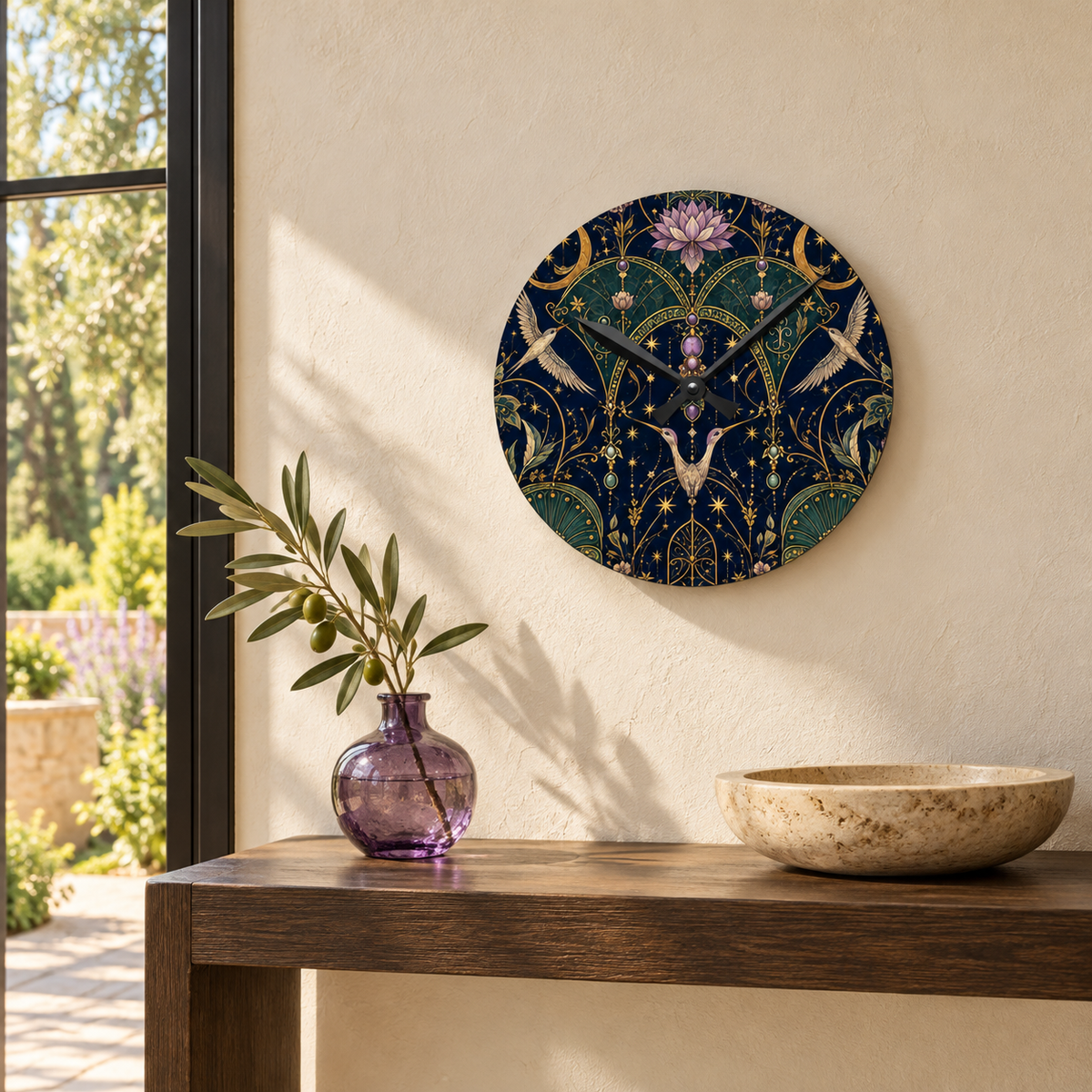 Celestial Aviary Nocturne acrylic wall clock above a natural wood console in a luxury interior
