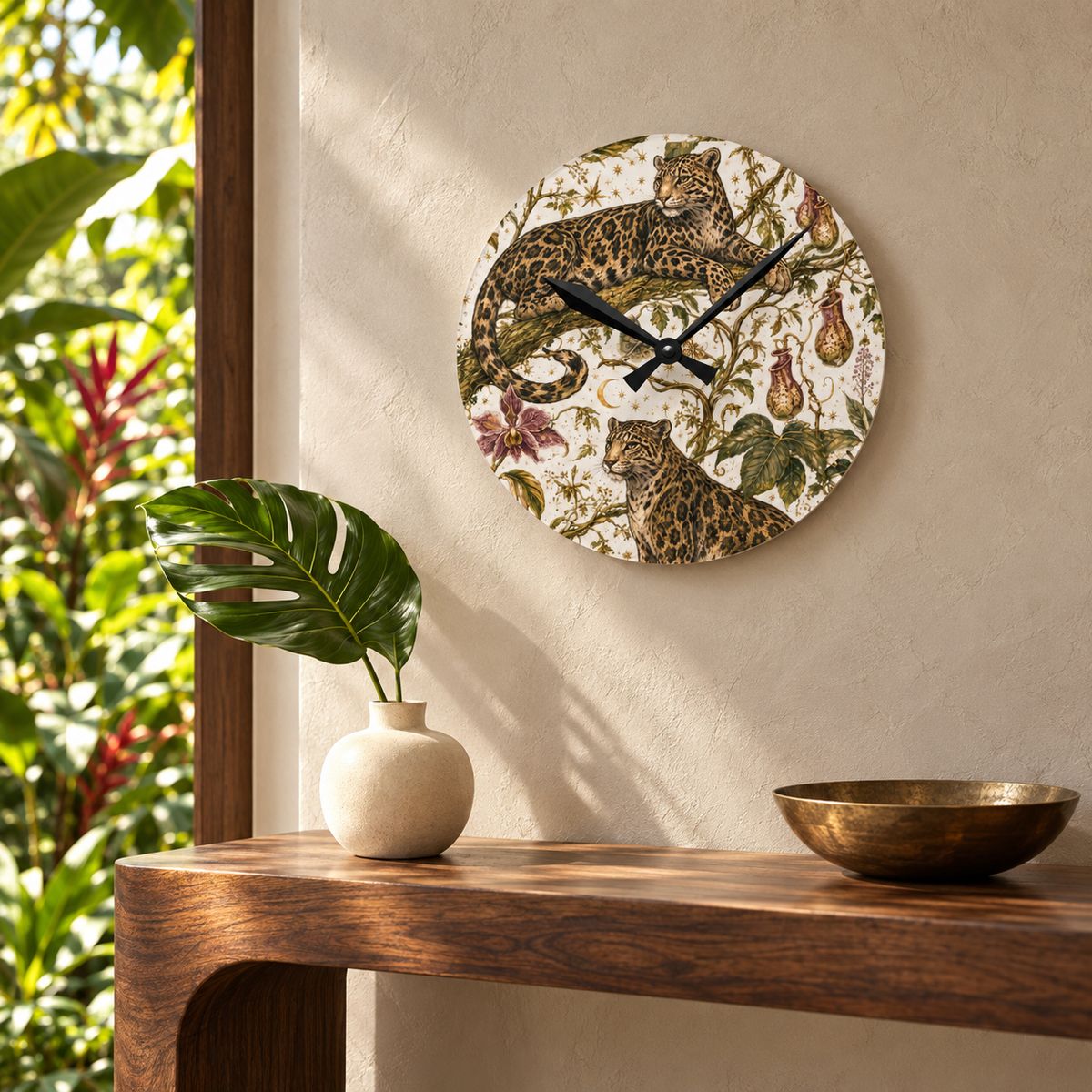 Cloud Leopard Reverie Moon Milk acrylic wall clock above a natural wood console in a luxury interior