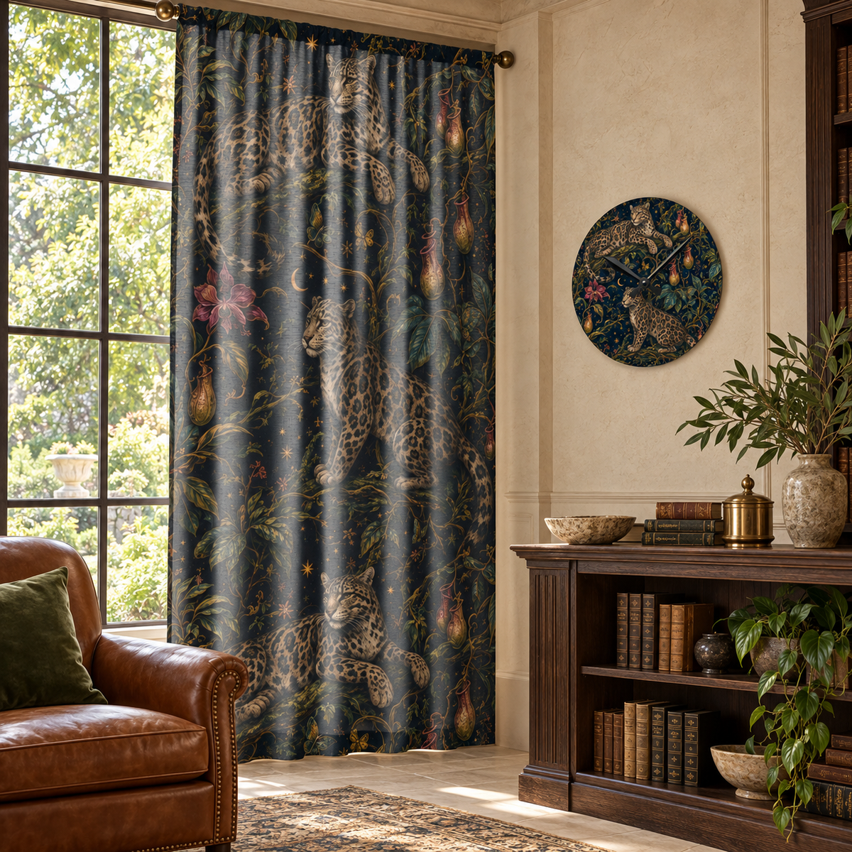 Cloud Leopard Reverie Nocturne sheer curtain and matching acrylic wall clock in a styled luxury room.