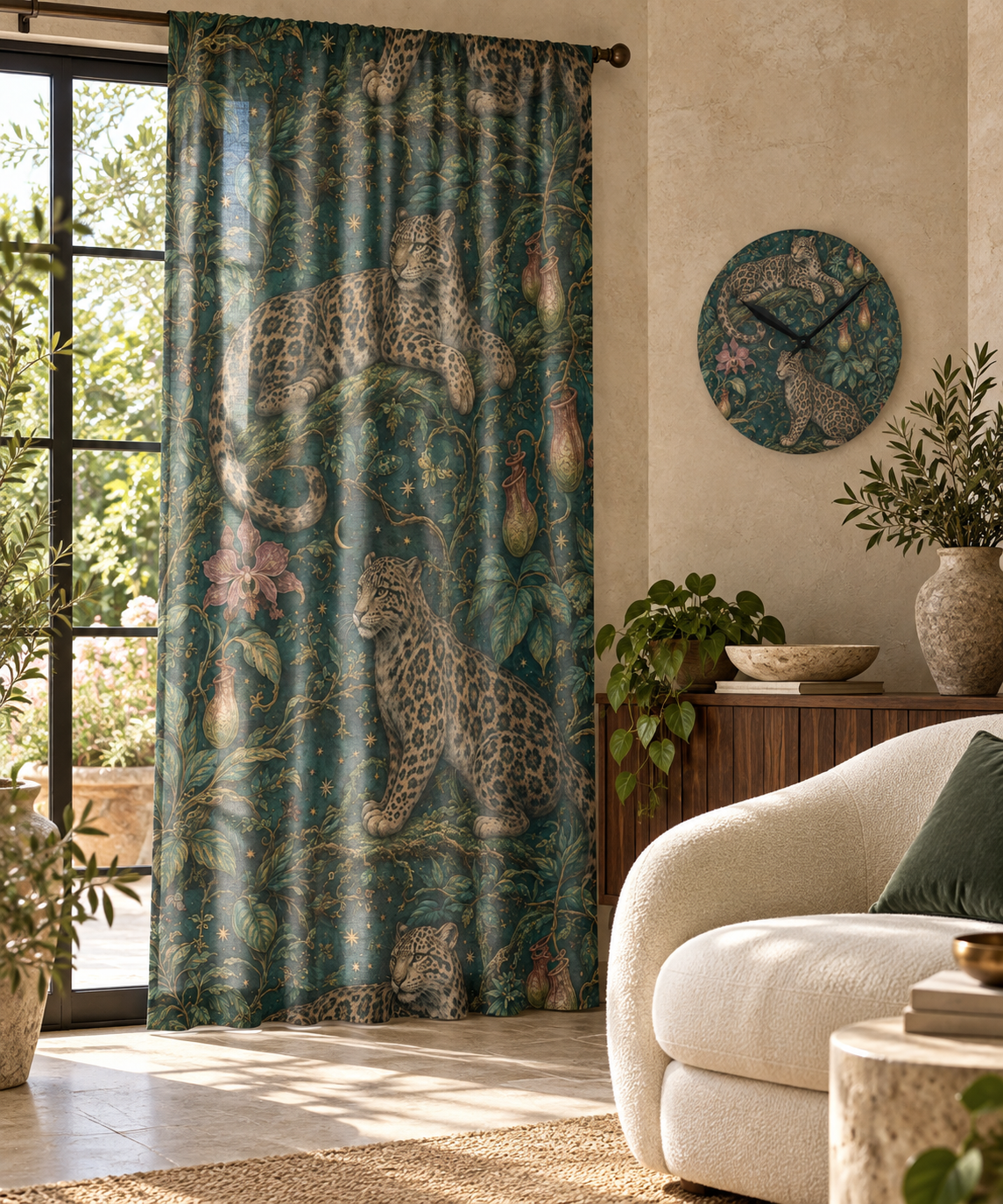 Cloud Leopard Reverie Verdigris sheer curtain and matching acrylic wall clock in a styled luxury room.
