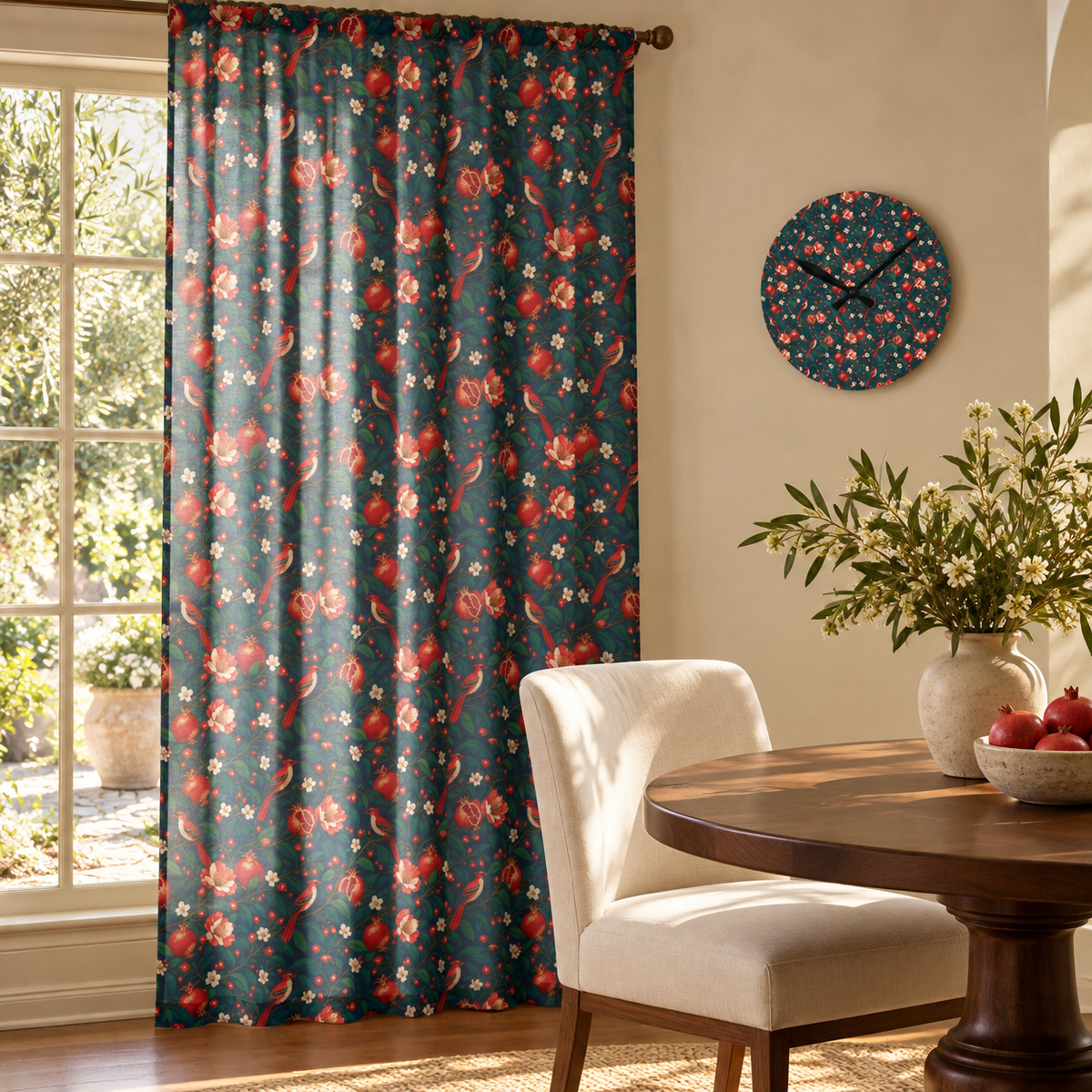 Gilded Orchard Blue Hour curtain and matching acrylic clock in a luxury interior.