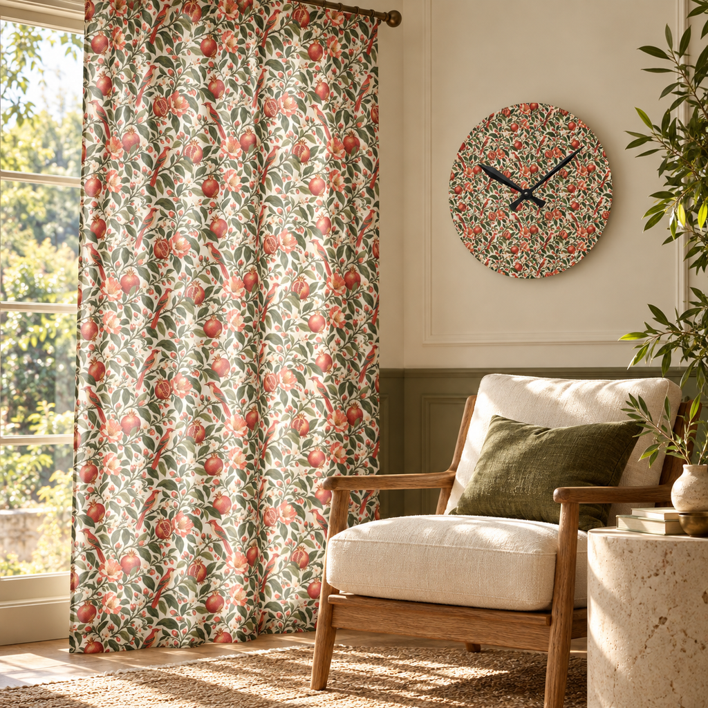Gilded Orchard Moon Milk curtain and matching acrylic clock in a luxury interior.
