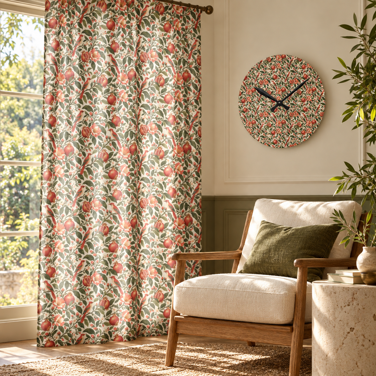 Gilded Orchard Moon Milk curtain and matching acrylic clock in a luxury interior.