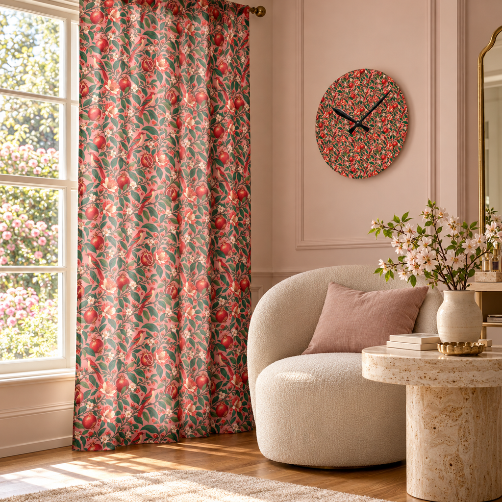 Gilded Orchard Pink Orchard curtain and matching acrylic clock in a luxury interior.
