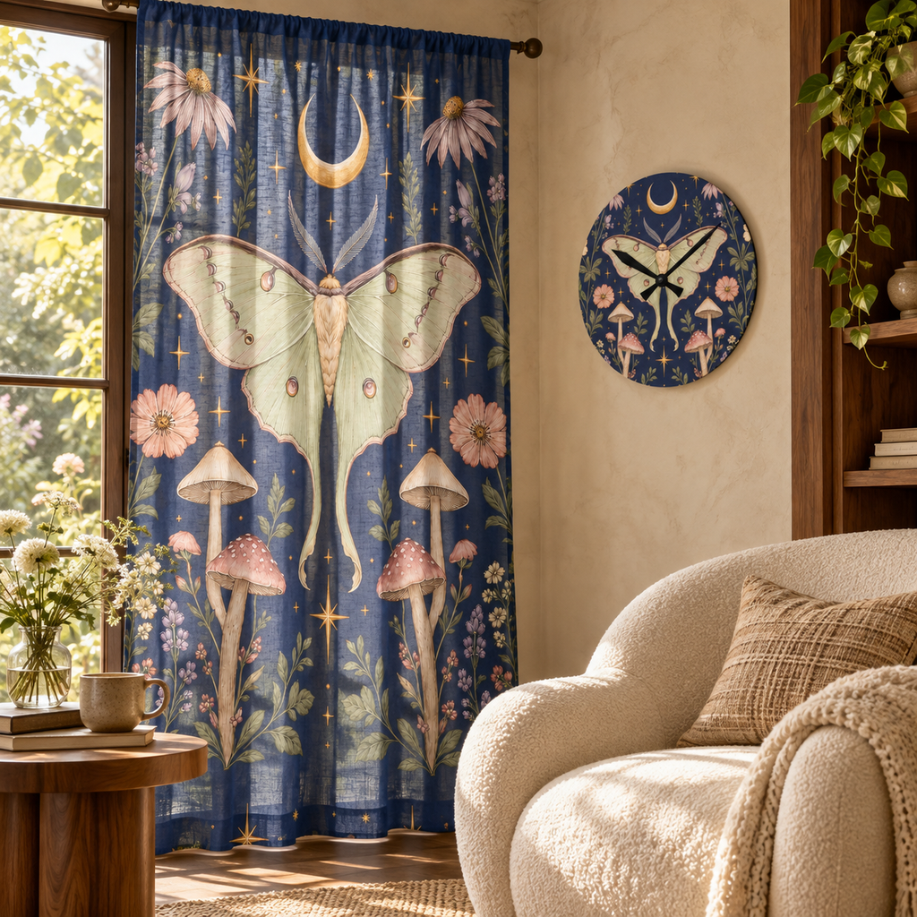 Luna Apothecary Indigo sheer curtain and matching acrylic wall clock in a styled luxury room.