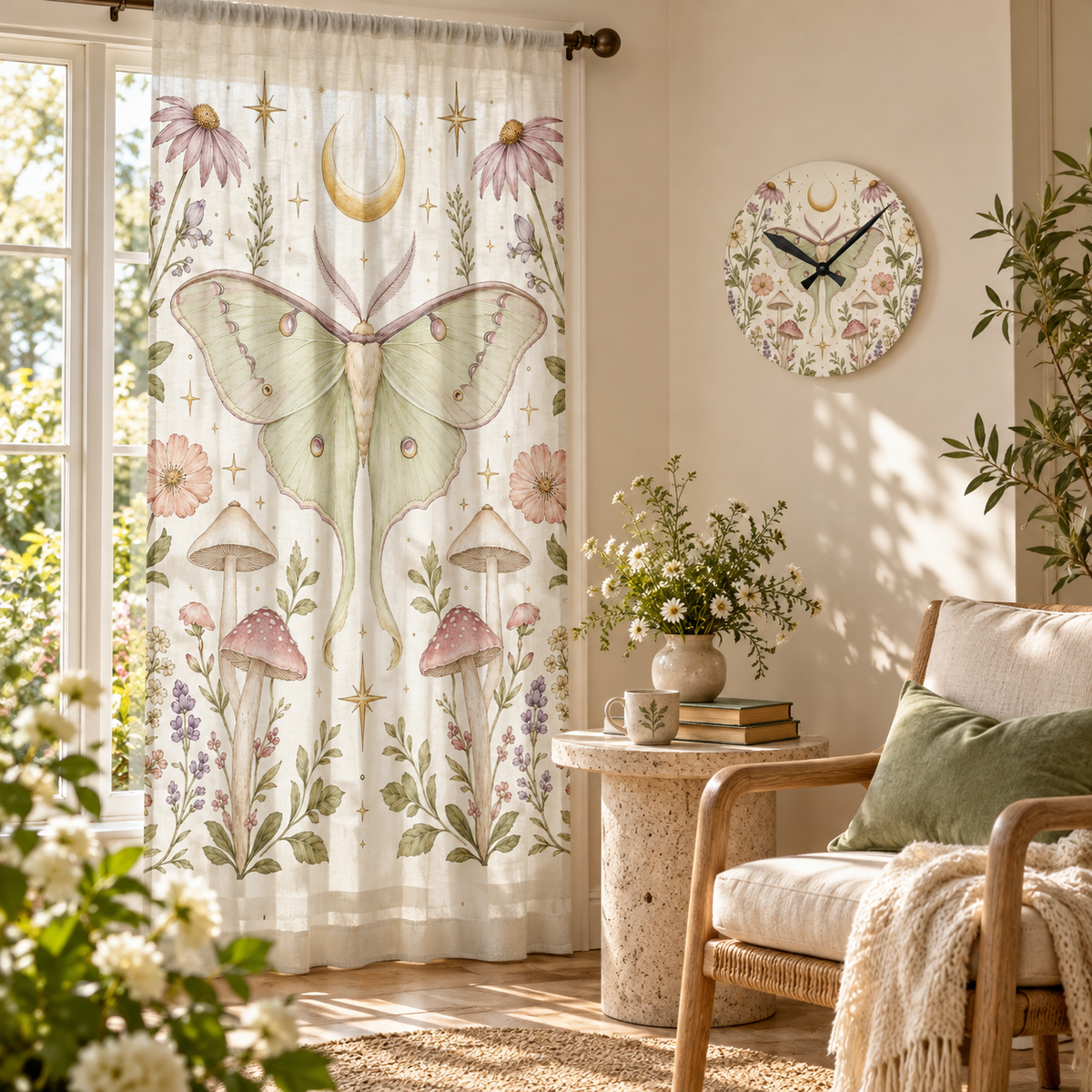 Luna Apothecary Moon Milk sheer curtain and matching acrylic wall clock in a styled luxury room.
