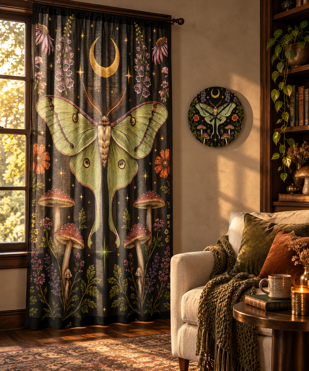 Luna Apothecary Nocturne sheer curtain and matching acrylic wall clock in a styled luxury room.