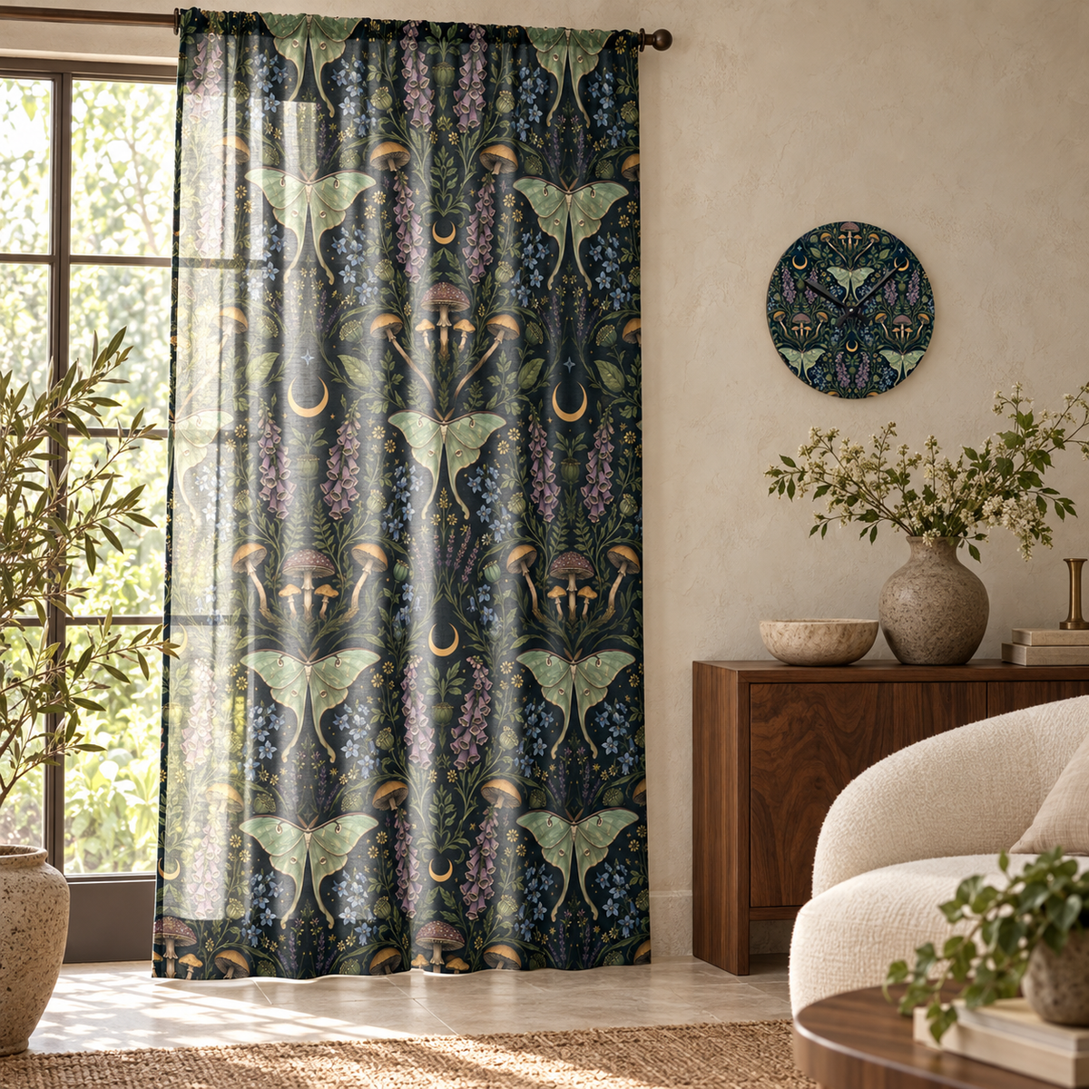 Luna Apothecary Verdigris sheer curtain and matching acrylic wall clock in a styled luxury room.