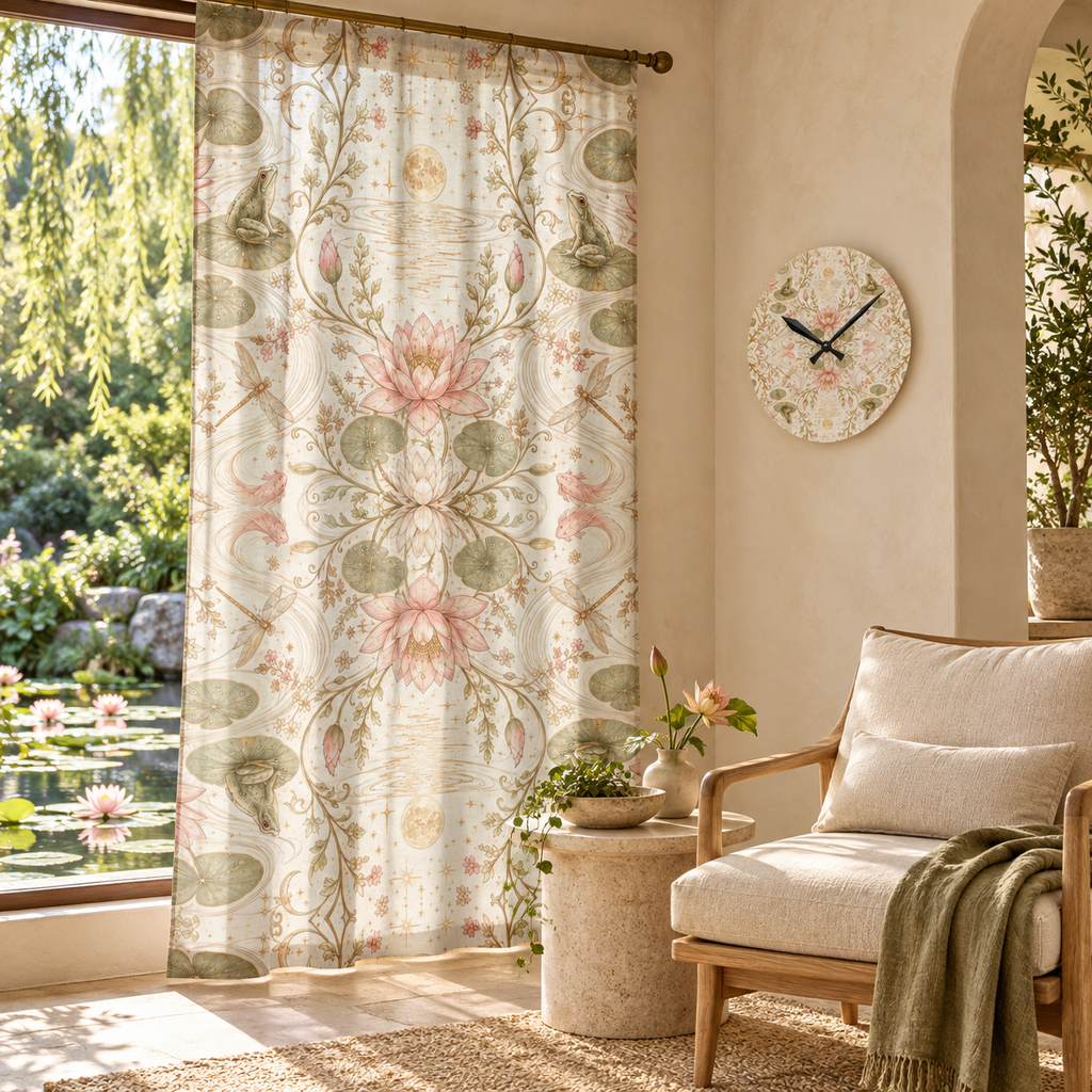 Nymphaea Nocturne Moon Milk curtain and matching acrylic wall clock in an elegant natural-material living room