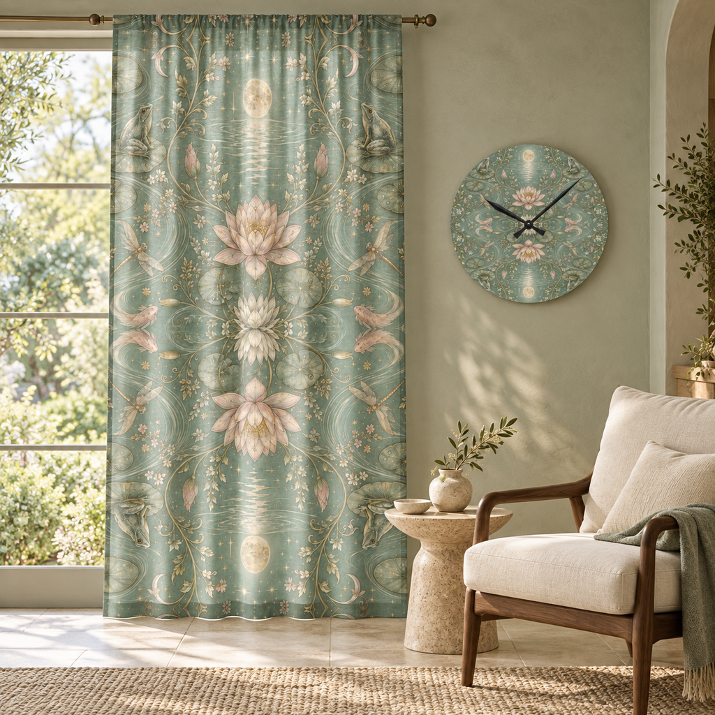 Nymphaea Nocturne Moon Mist curtain and matching acrylic wall clock in an elegant natural-material living room
