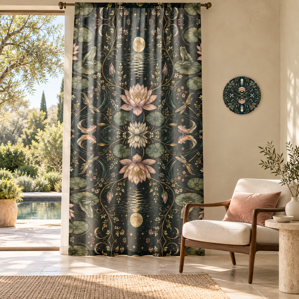 Nymphaea Nocturne Nocturne curtain and matching acrylic wall clock styled in a luxury interior