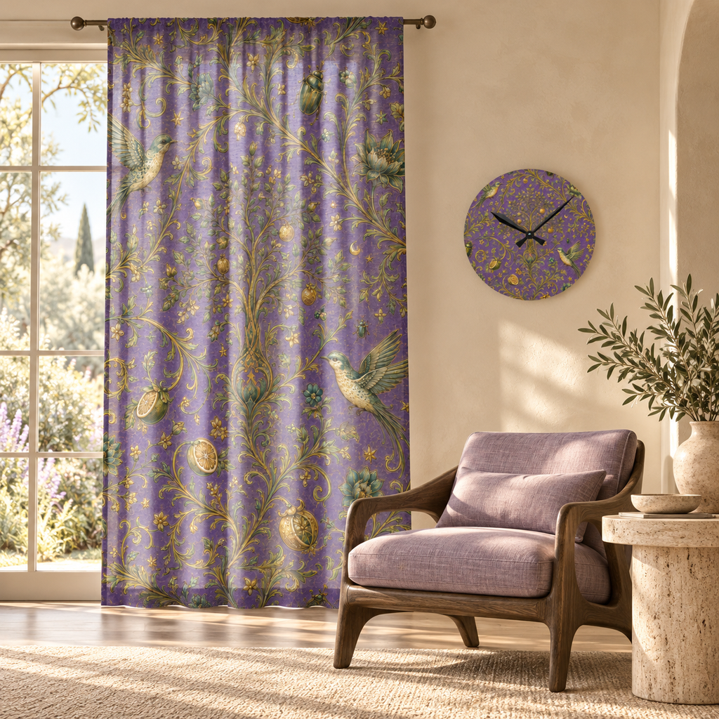 Sacred Canopy Amethyst curtain and matching acrylic wall clock in an elegant natural-material living room