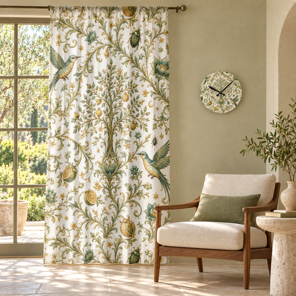 Sacred Canopy Moon Milk curtain and matching acrylic wall clock in an elegant natural-material living room