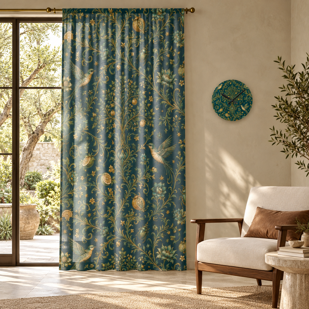 Sacred Canopy Verdigris curtain and matching acrylic wall clock styled in a luxury interior