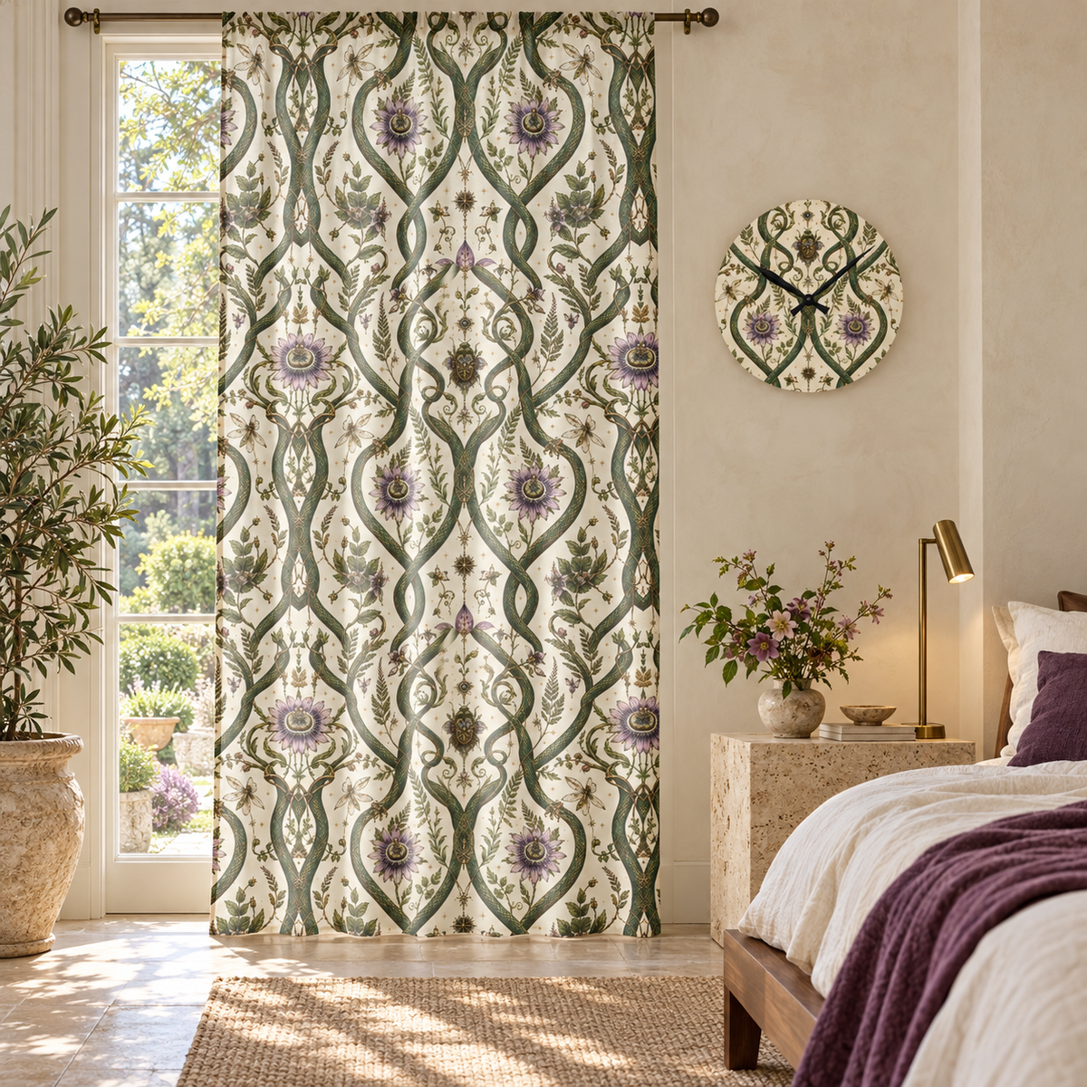 Serpent Conservatory Garden Mist curtain and matching acrylic wall clock styled in a luxury interior