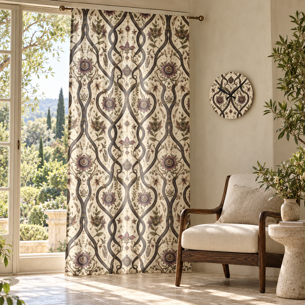 Serpent Conservatory Moon Milk curtain and matching acrylic wall clock styled in a luxury interior