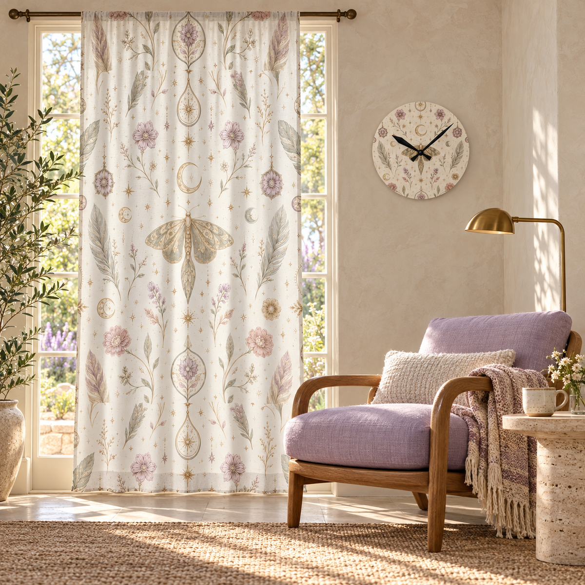 Talisman Moonlight Moon Milk curtain and matching acrylic wall clock styled in a luxury interior