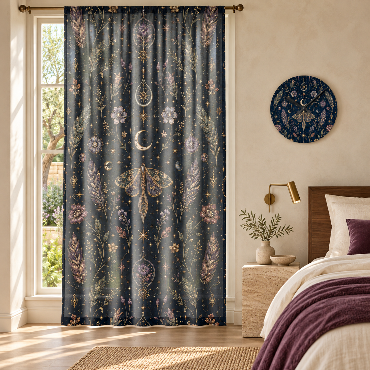 Talisman Moonlight Nocturne curtain and matching acrylic wall clock styled in a luxury interior