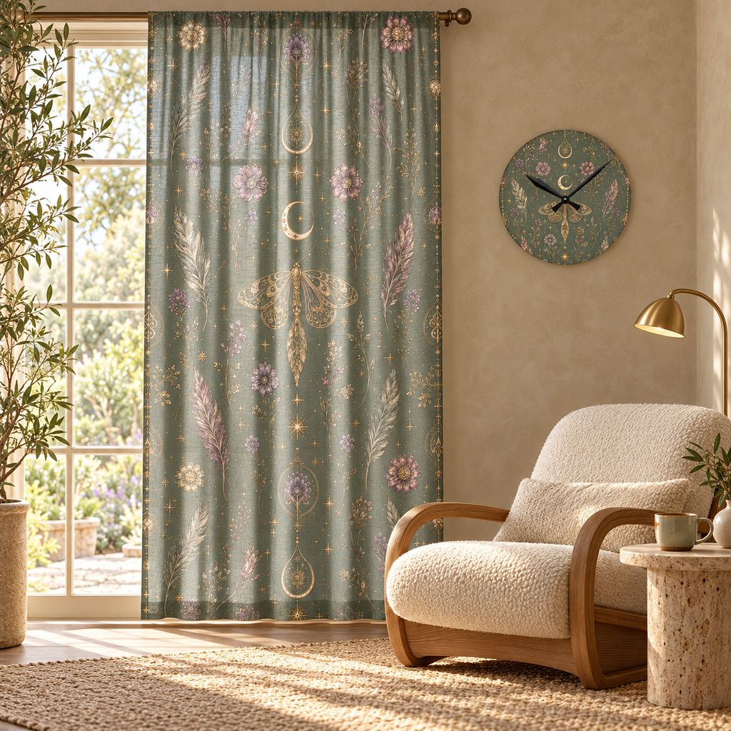 Talisman Moonlight Sage curtain and matching acrylic wall clock styled in a luxury interior