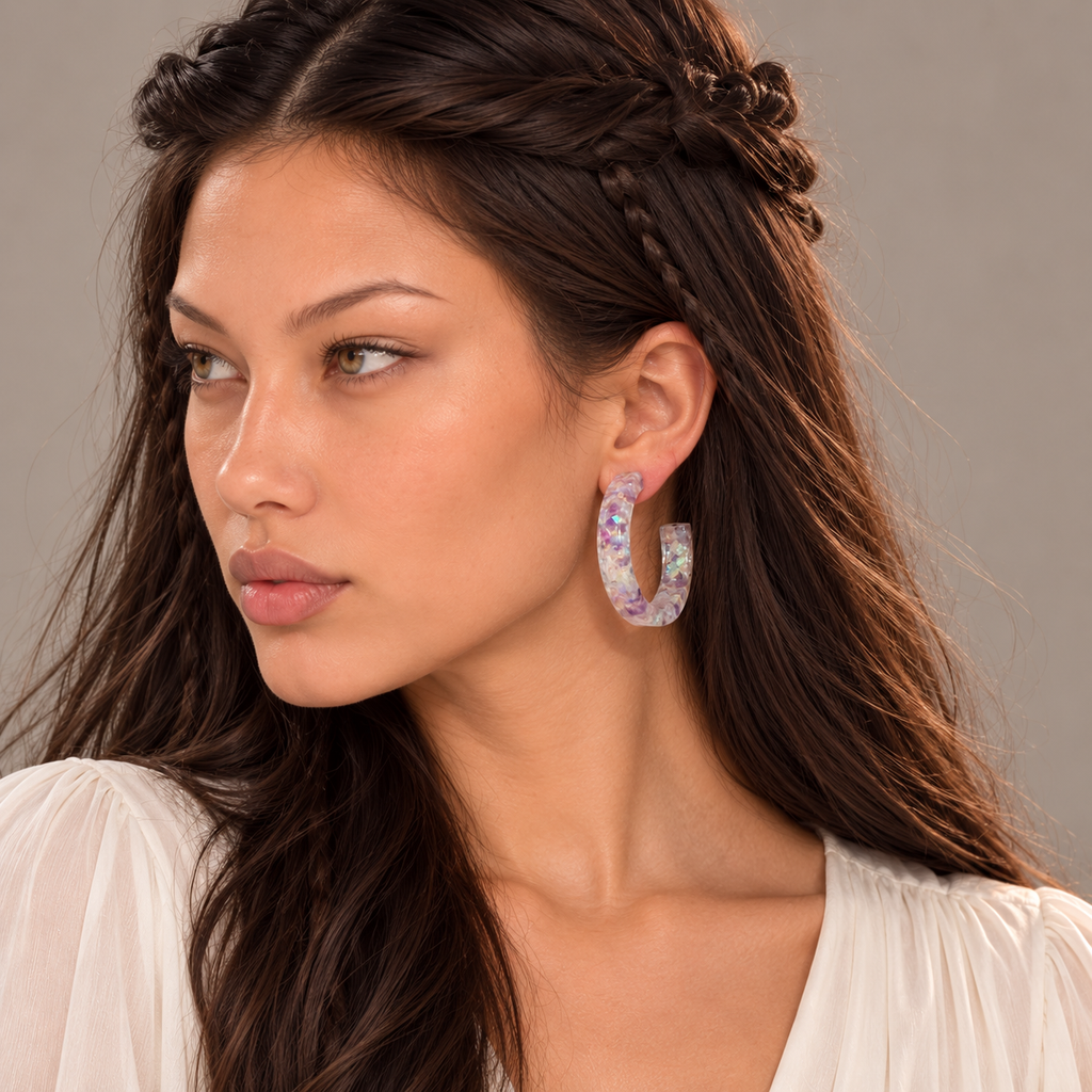 Solène wearing Large Amethyst Galaxy Hoops