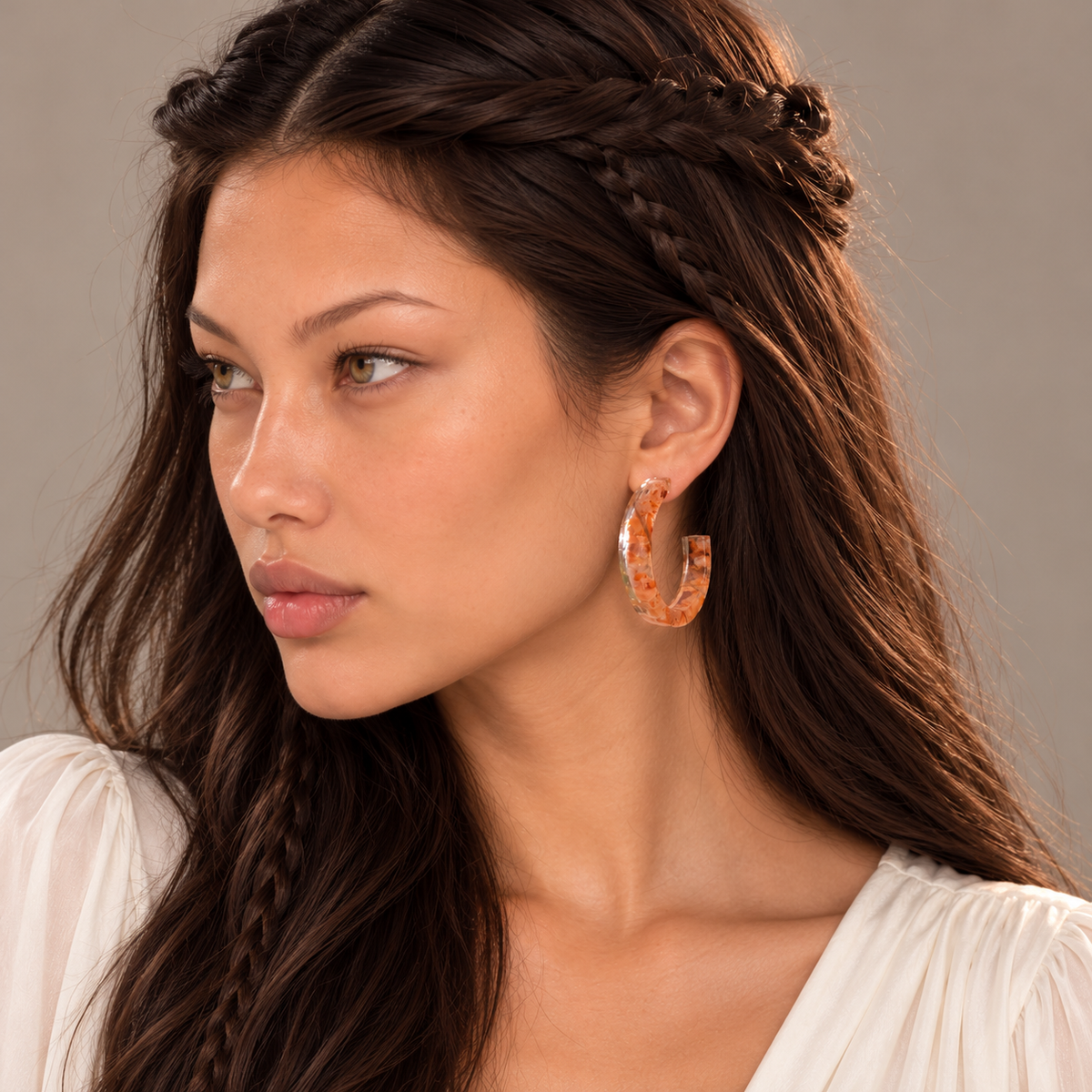 Solène wearing Large Carnelian Galaxy Hoops