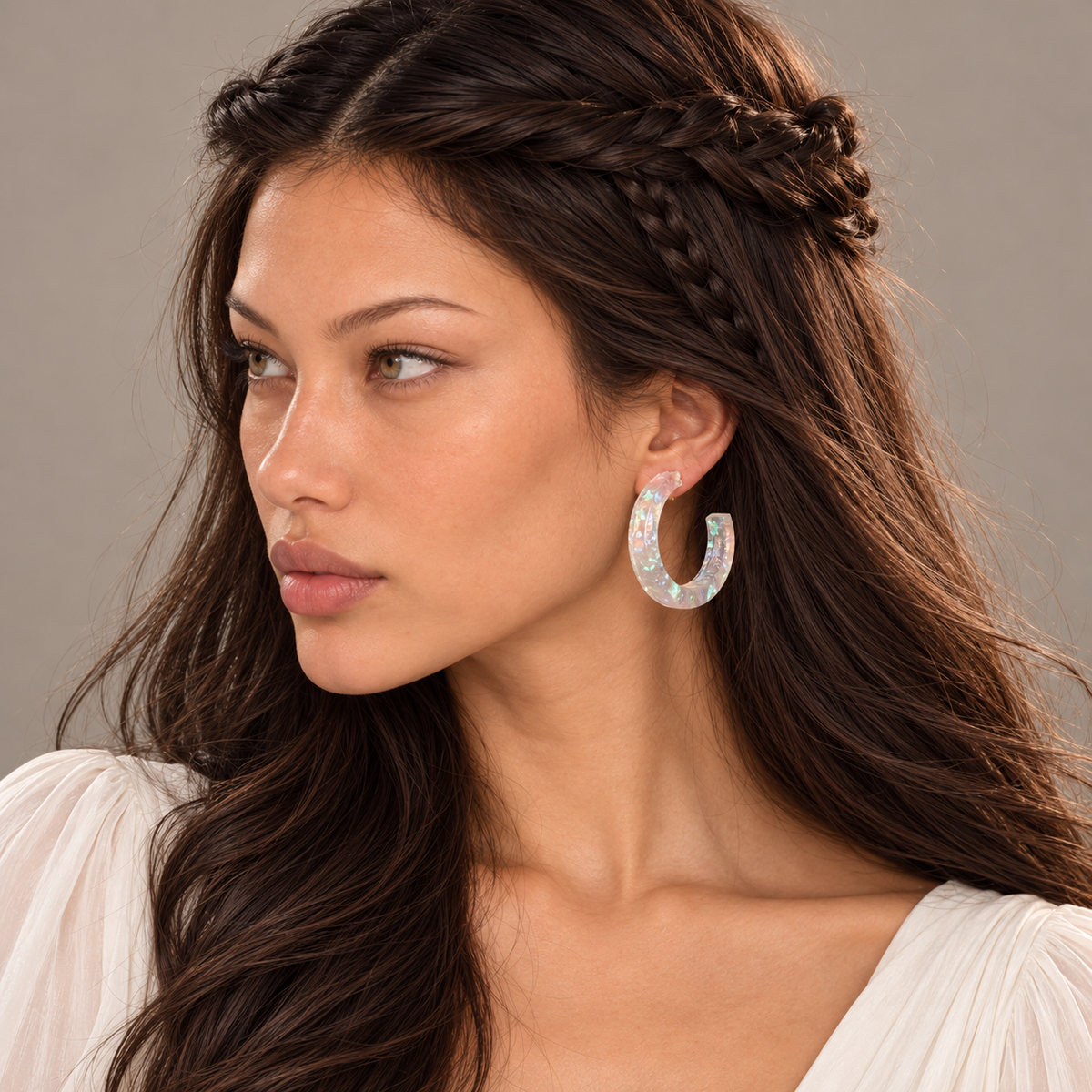 Solène wearing Large Rose Quartz Galaxy Hoops