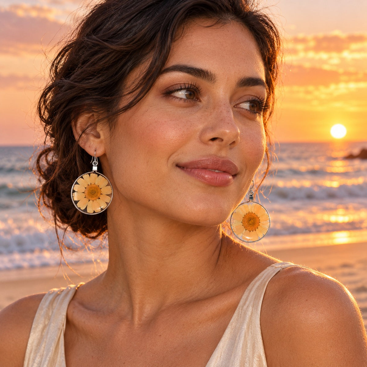 Orange Wild Daisy Rose Quartz Earrings