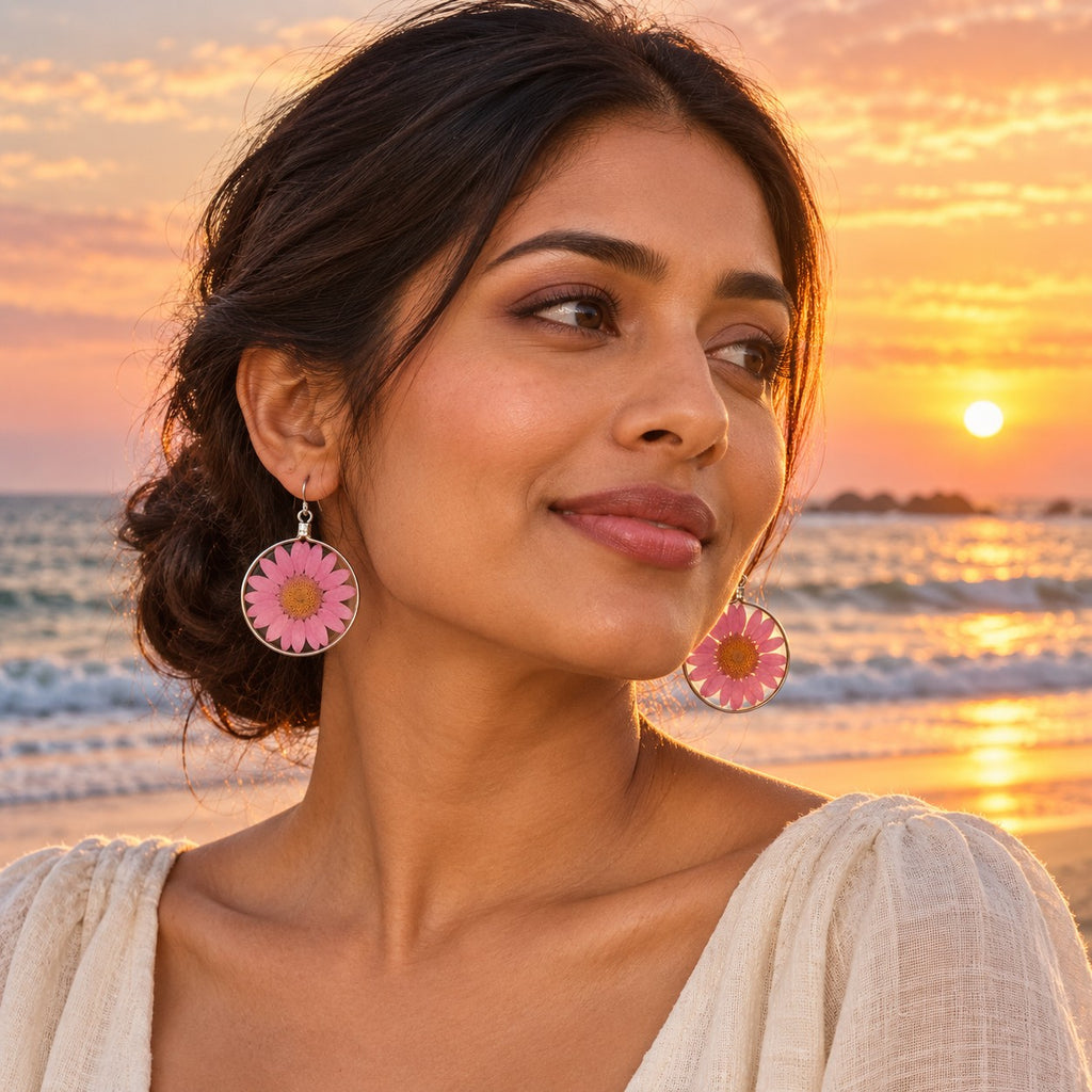 Pink Wild Daisy Rose Quartz Earrings