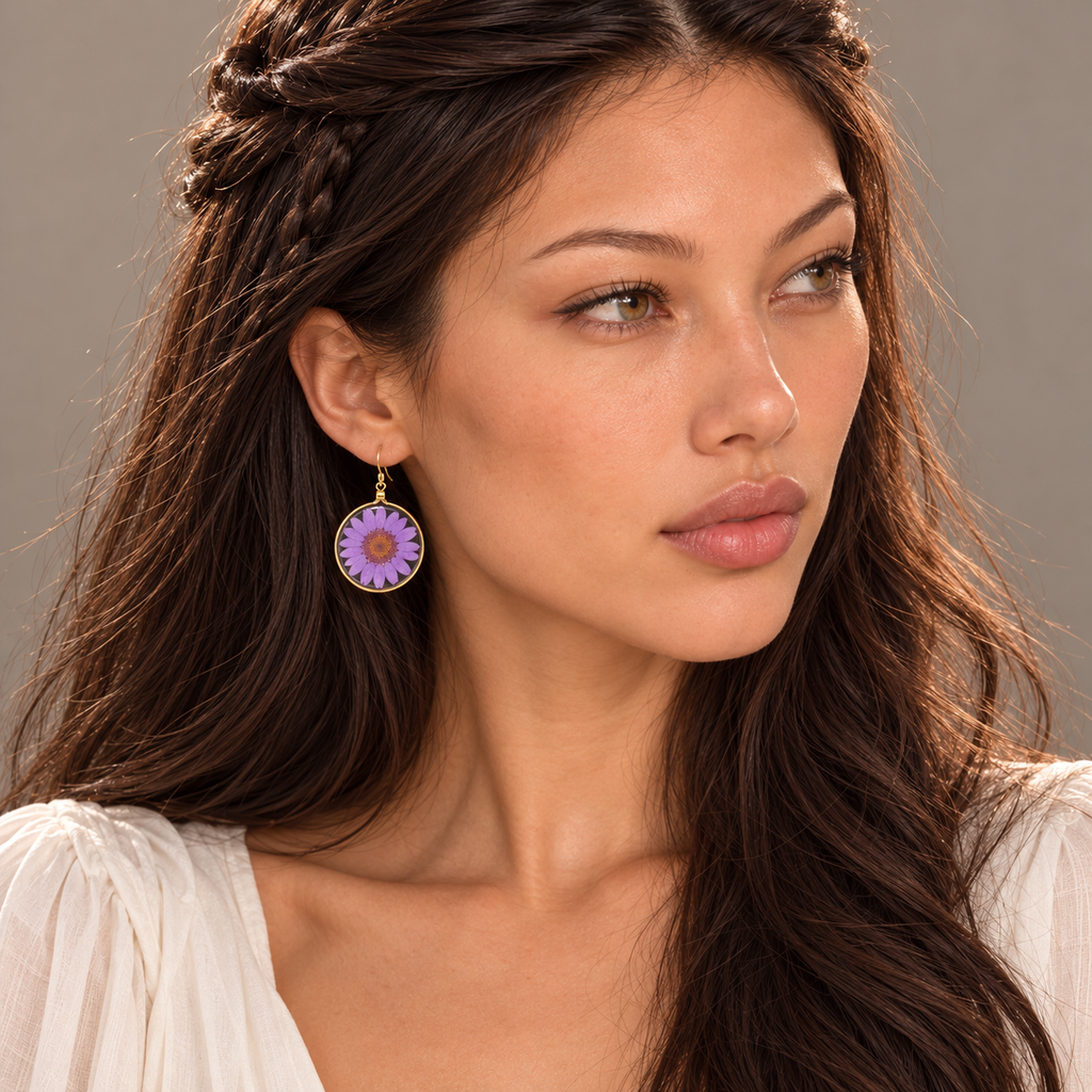 Solène wearing Purple Wild Daisy Earrings with gold hooks